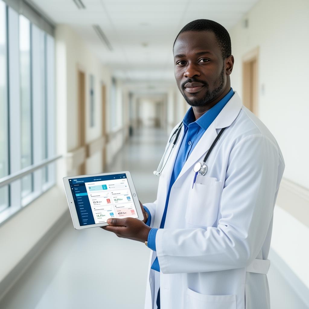 Médecin haïtien utilisant MedFlow sur tablette